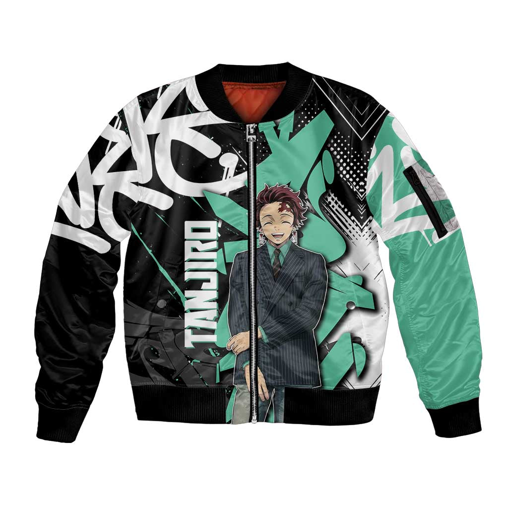 Kamado Tanjiro Demon Slayer Sleeve Zip Bomber Jacket Black Graffiti Anime Graphic