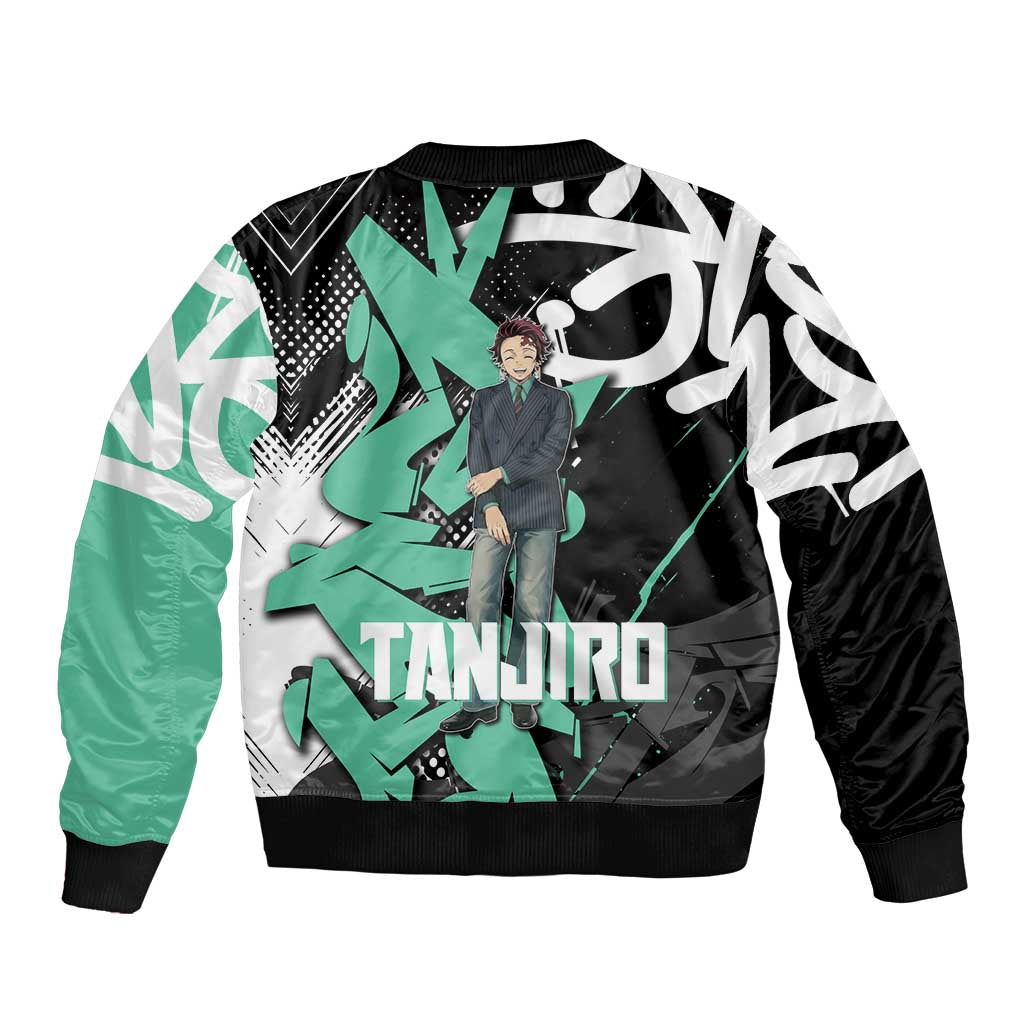 Kamado Tanjiro Demon Slayer Sleeve Zip Bomber Jacket Black Graffiti Anime Graphic