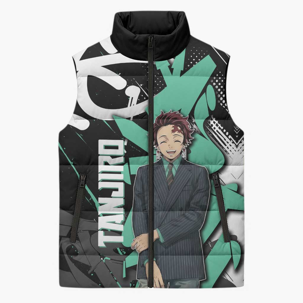 Kamado Tanjiro Demon Slayer Sleeveless Puffer Jacket Black Graffiti Anime Graphic