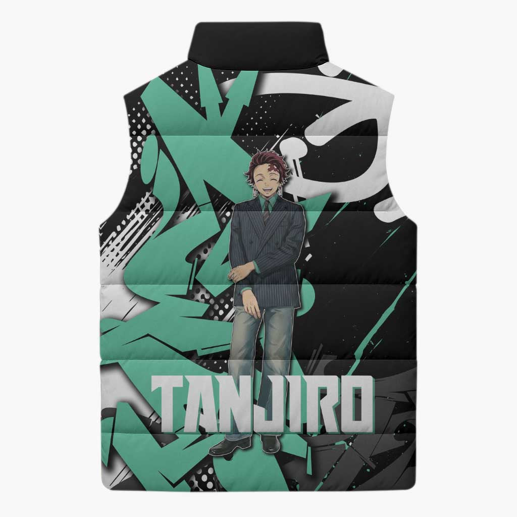 Kamado Tanjiro Demon Slayer Sleeveless Puffer Jacket Black Graffiti Anime Graphic