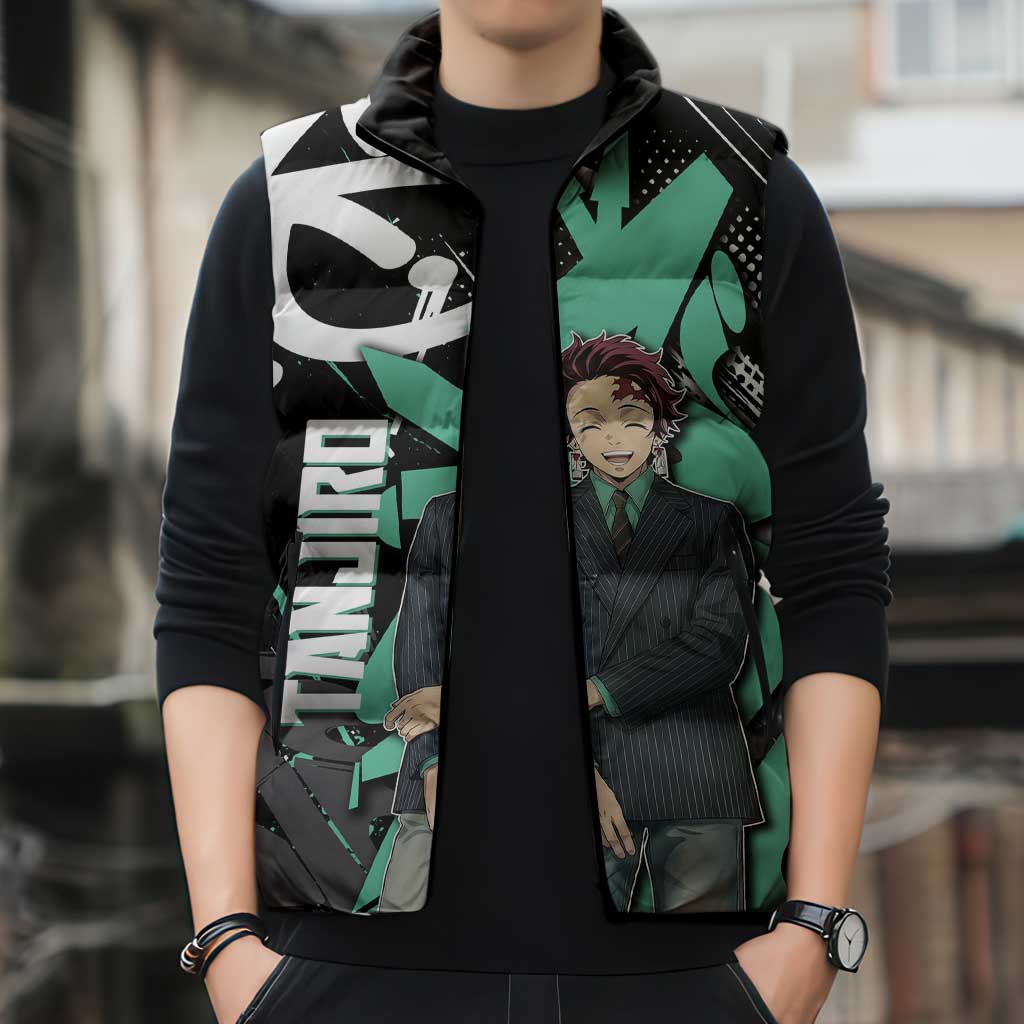 Kamado Tanjiro Demon Slayer Sleeveless Puffer Jacket Black Graffiti Anime Graphic