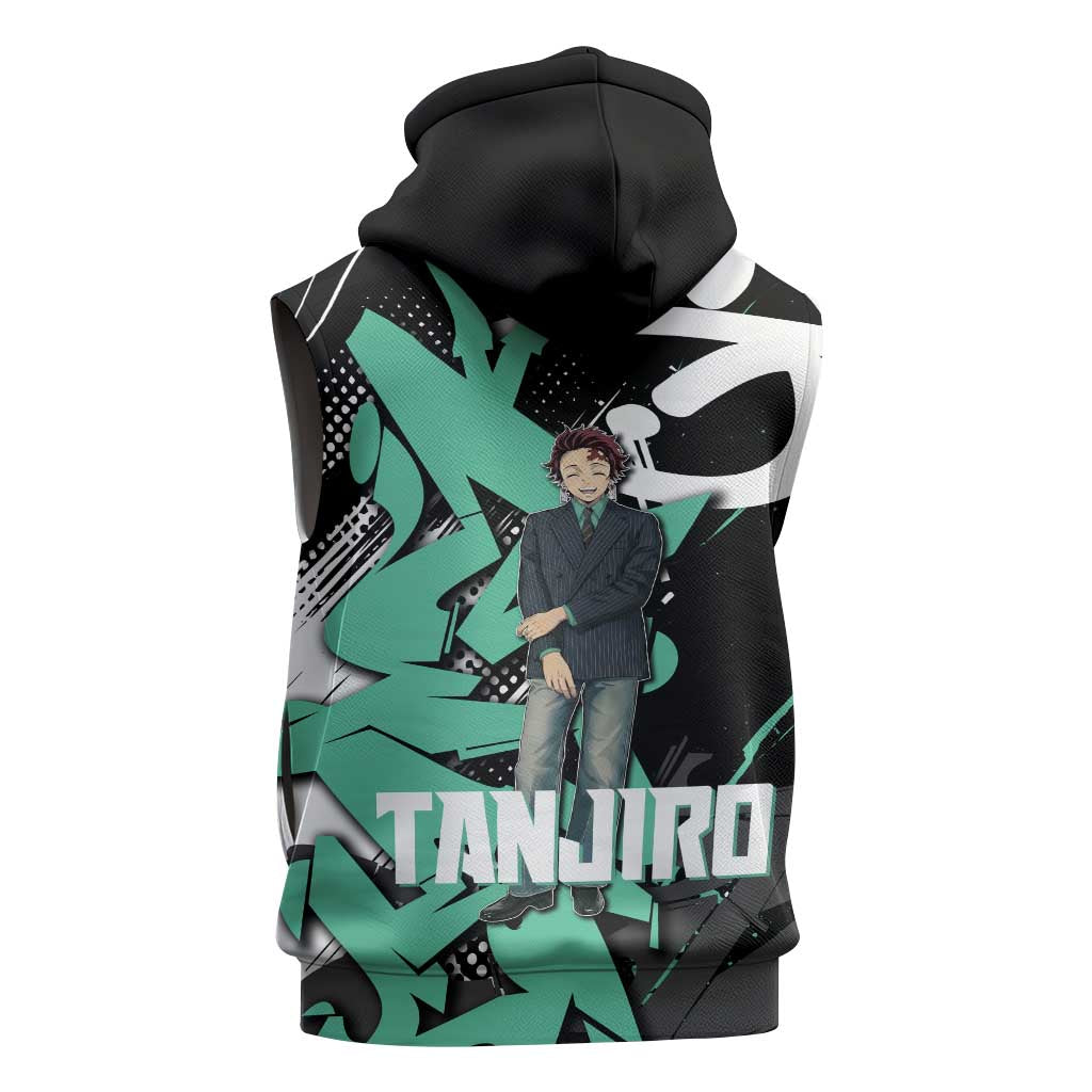 Kamado Tanjiro Demon Slayer Sleeveless Zip Hoodie Black Graffiti Anime Graphic