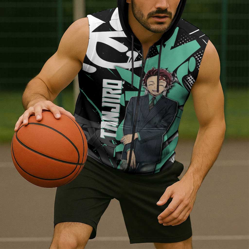 Kamado Tanjiro Demon Slayer Sleeveless Zip Hoodie Black Graffiti Anime Graphic