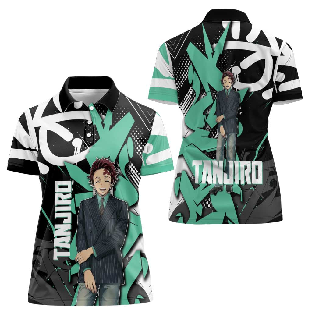Kamado Tanjiro Demon Slayer Women Polo Shirt Black Graffiti Anime Graphic