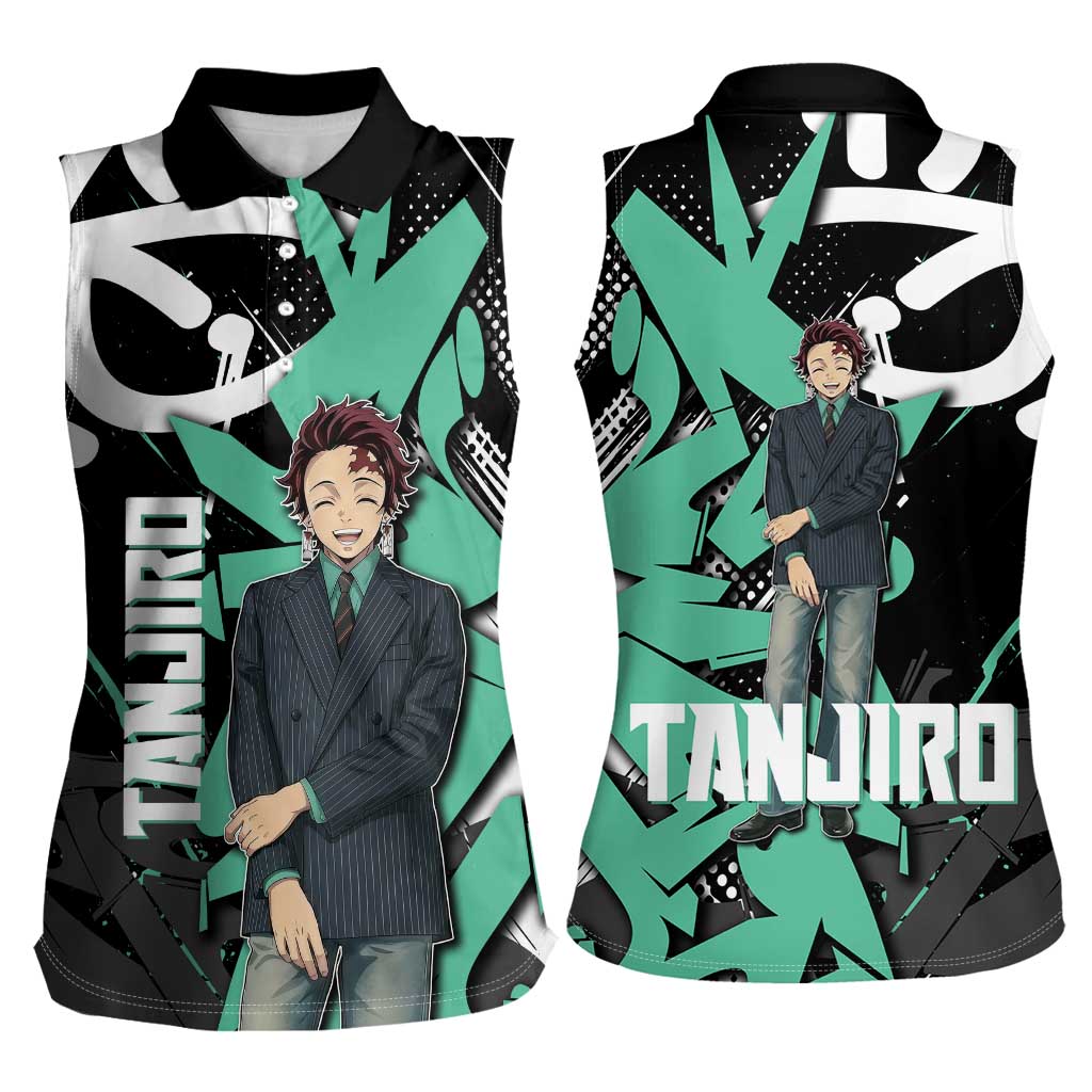 Kamado Tanjiro Demon Slayer Women Sleeveless Polo Shirt Black Graffiti Anime Graphic