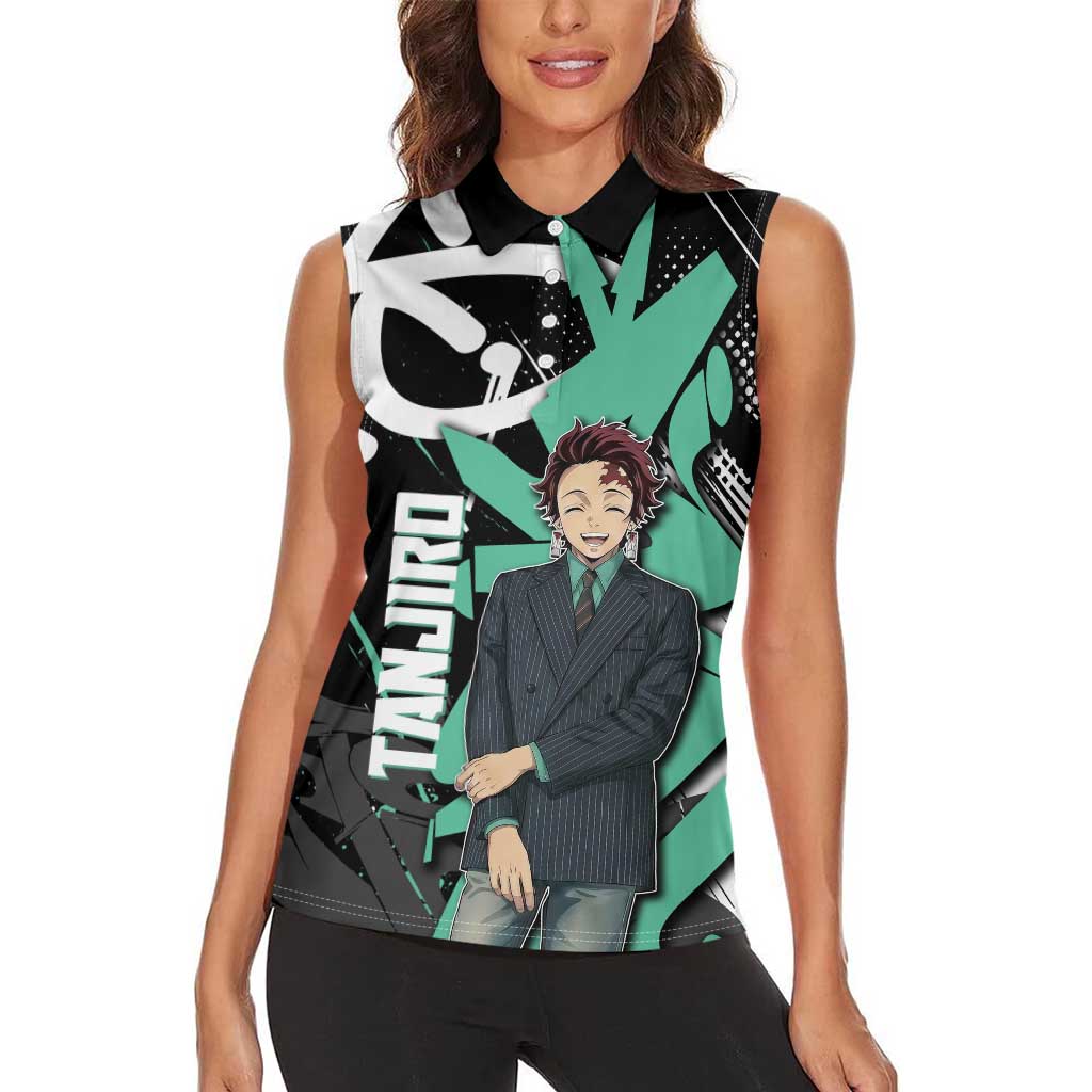 Kamado Tanjiro Demon Slayer Women Sleeveless Polo Shirt Black Graffiti Anime Graphic