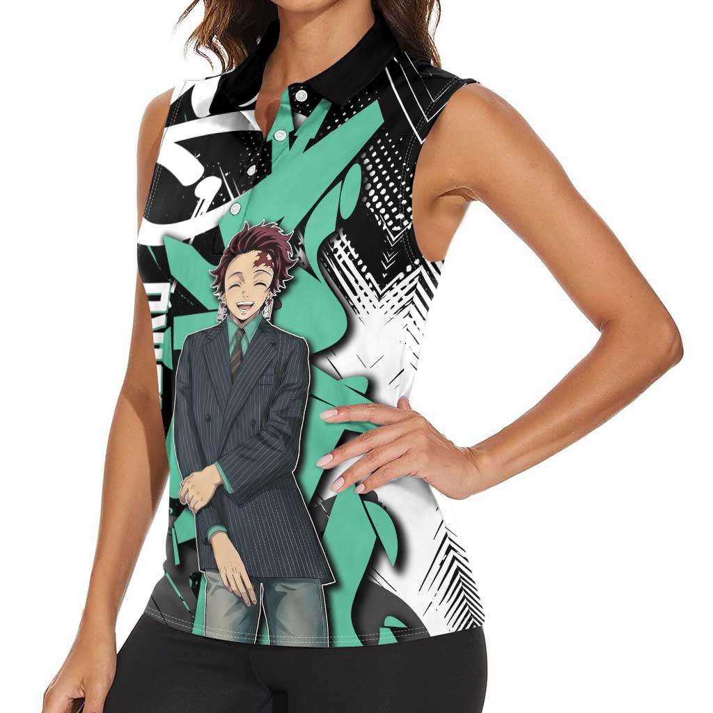 Kamado Tanjiro Demon Slayer Women Sleeveless Polo Shirt Black Graffiti Anime Graphic