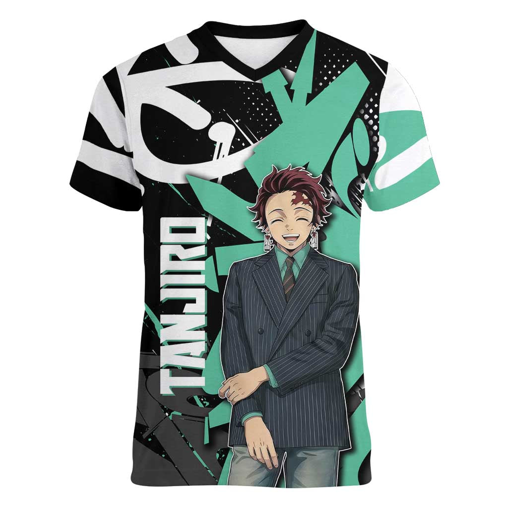 Kamado Tanjiro Demon Slayer Women V-Neck T-Shirt Black Graffiti Anime Graphic