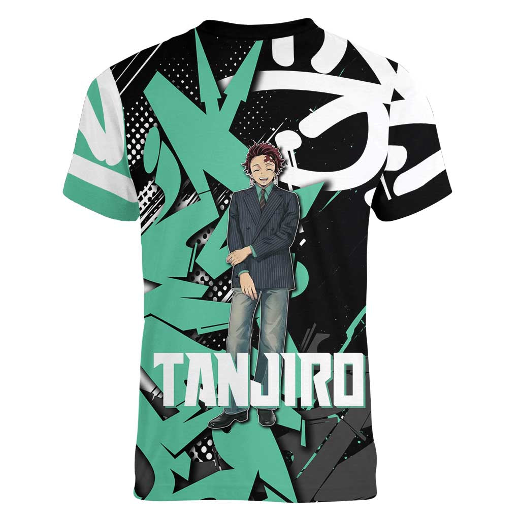 Kamado Tanjiro Demon Slayer Women V-Neck T-Shirt Black Graffiti Anime Graphic