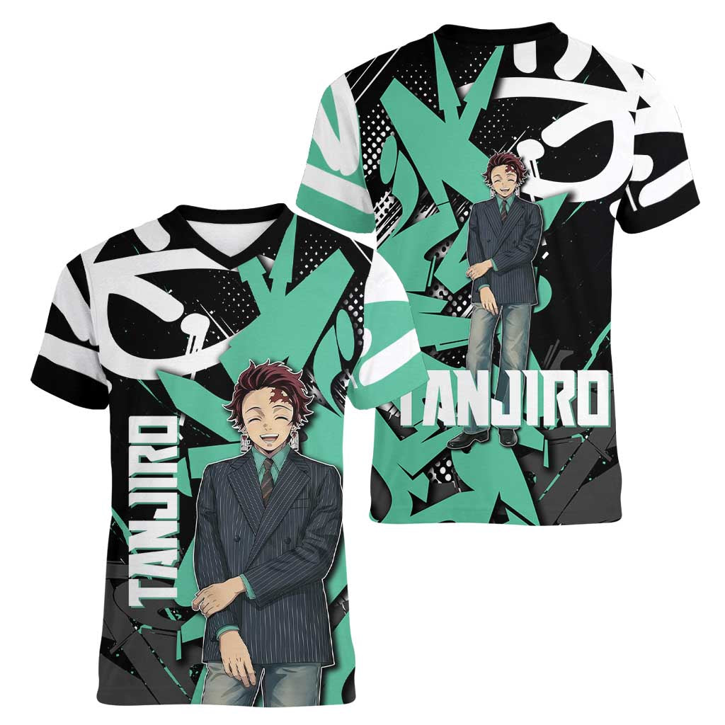Kamado Tanjiro Demon Slayer Women V-Neck T-Shirt Black Graffiti Anime Graphic