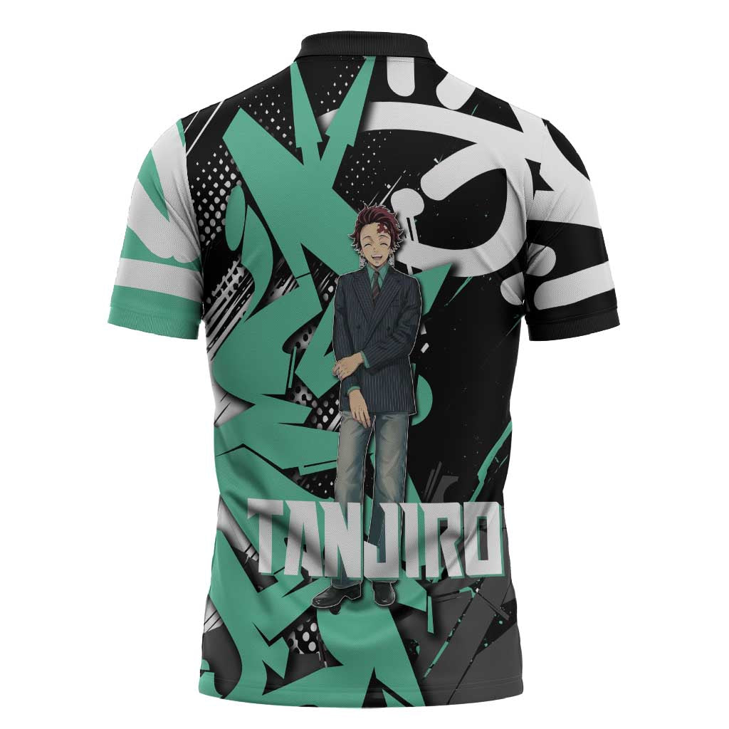 Kamado Tanjiro Demon Slayer Zipper Polo Shirt Black Graffiti Anime Graphic
