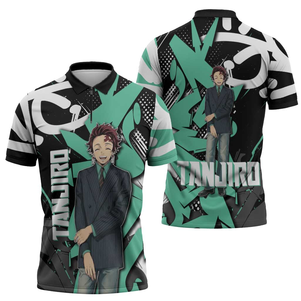 Kamado Tanjiro Demon Slayer Zipper Polo Shirt Black Graffiti Anime Graphic