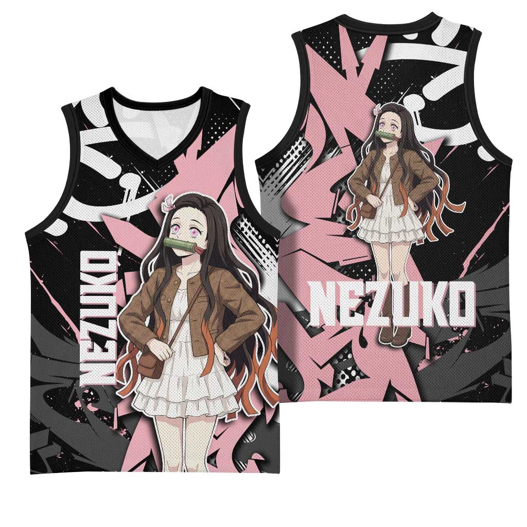 Kamado Nezuko Demon Slayer Basketball Jersey Pink & Black Graffiti Anime Graphic