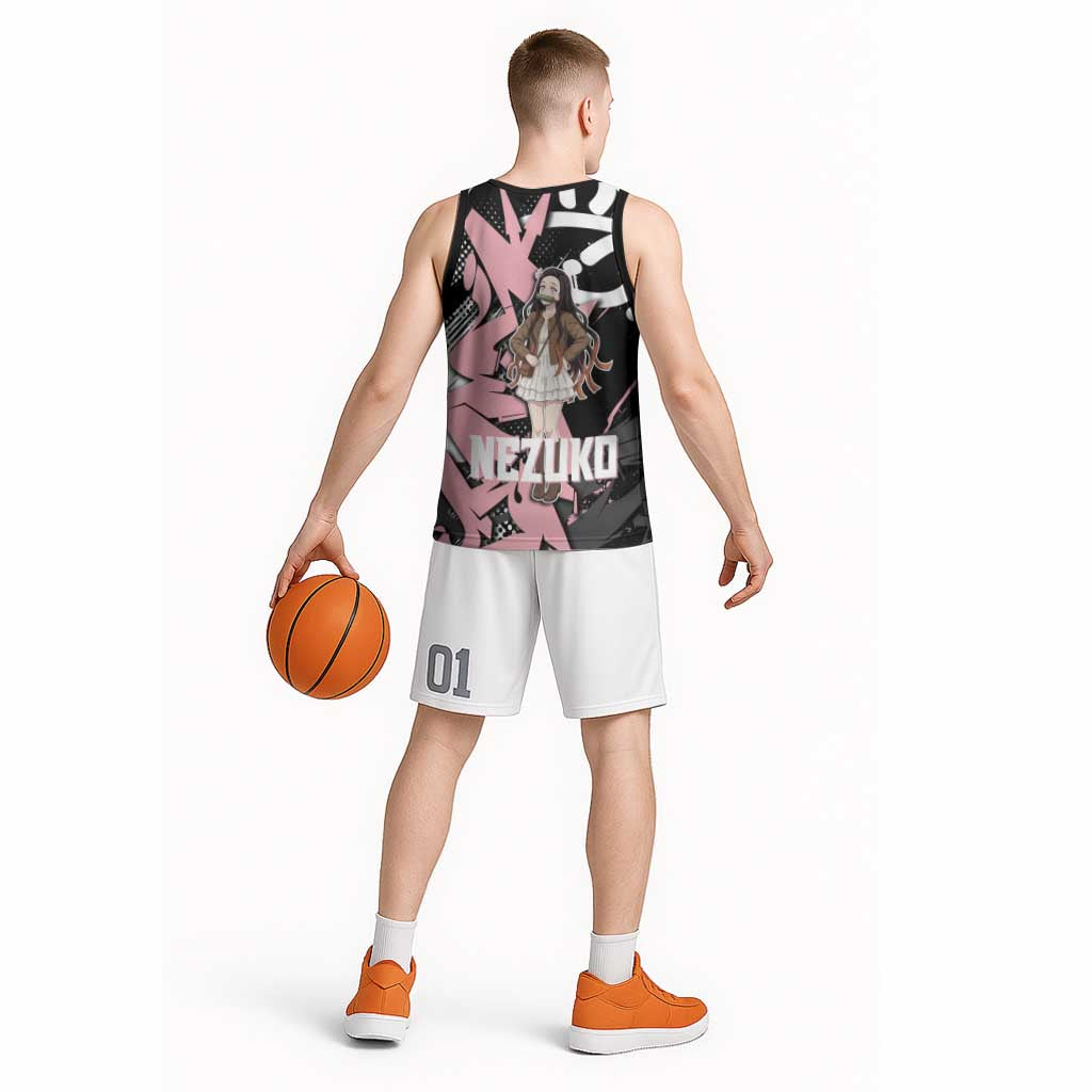 Kamado Nezuko Demon Slayer Basketball Jersey Pink & Black Graffiti Anime Graphic