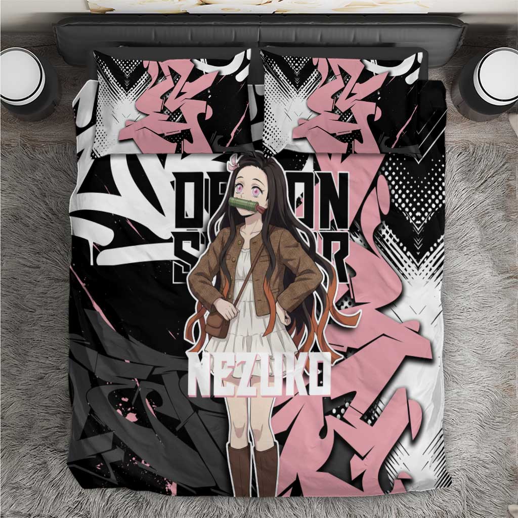 Kamado Nezuko Demon Slayer Bedding Set Pink & Black Graffiti Anime Graphic