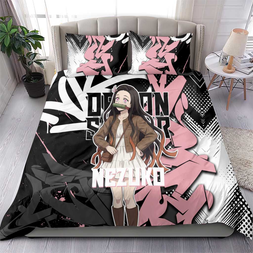 Kamado Nezuko Demon Slayer Bedding Set Pink & Black Graffiti Anime Graphic
