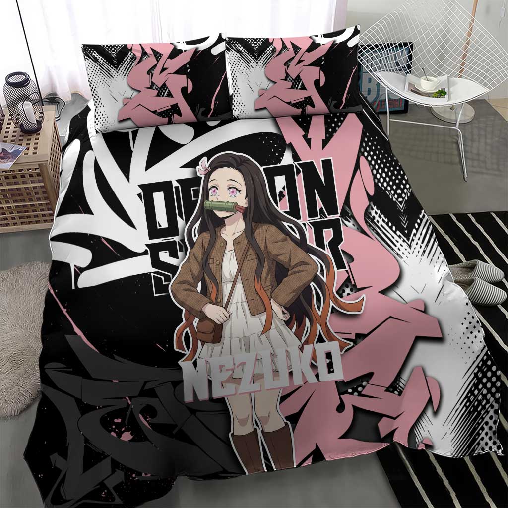 Kamado Nezuko Demon Slayer Bedding Set Pink & Black Graffiti Anime Graphic
