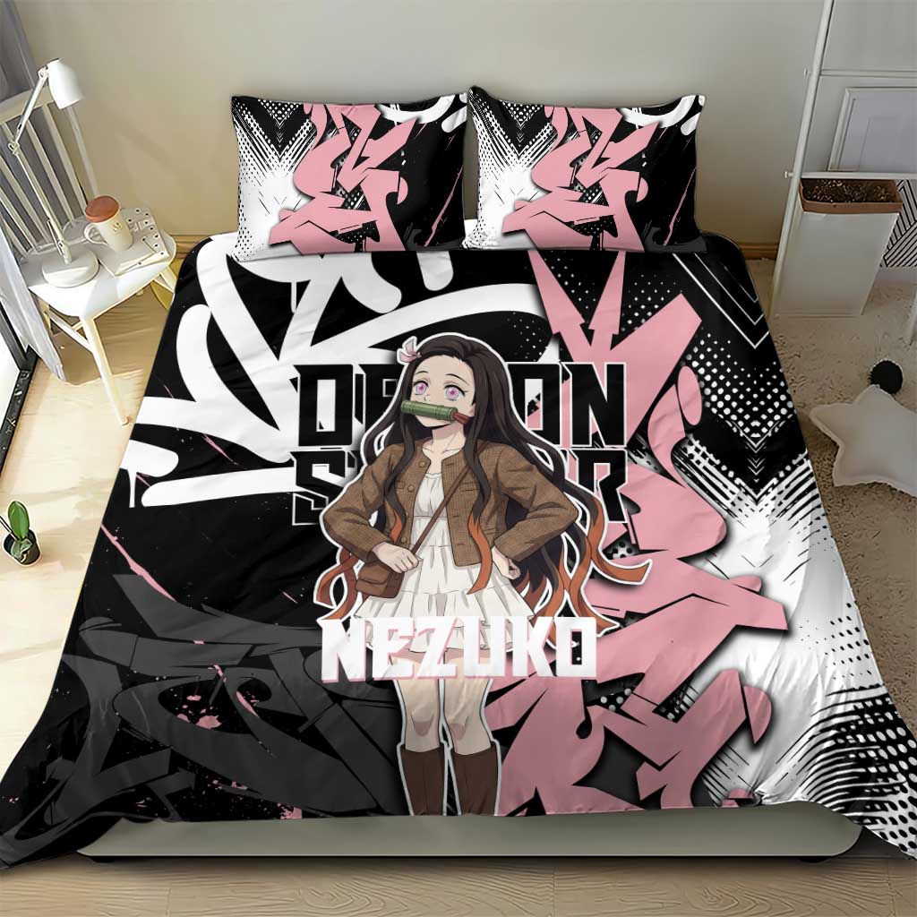 Kamado Nezuko Demon Slayer Bedding Set Pink & Black Graffiti Anime Graphic