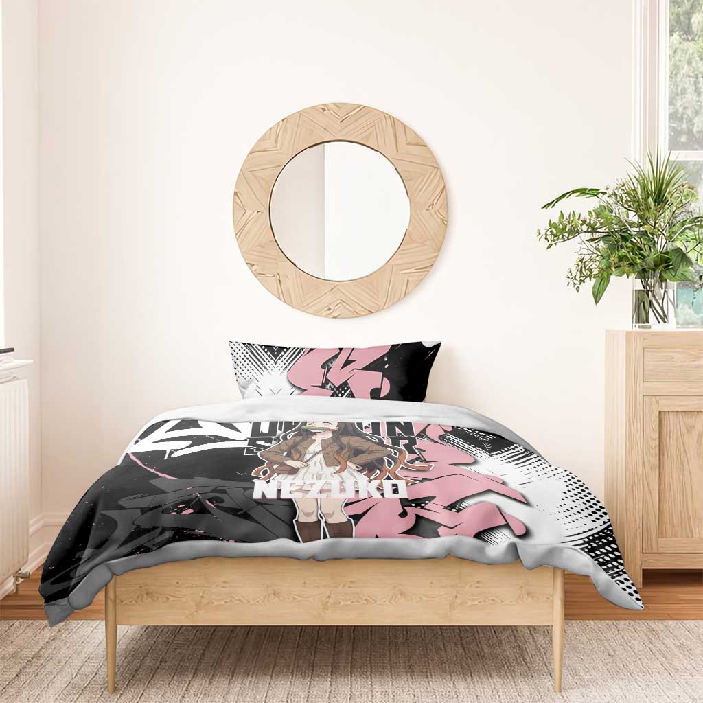 Kamado Nezuko Demon Slayer Bedding Set Pink & Black Graffiti Anime Graphic