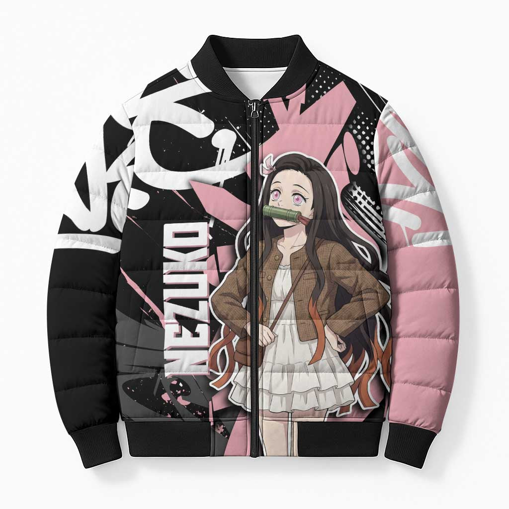 Kamado Nezuko Demon Slayer Bomber Puffer Jacket Pink & Black Graffiti Anime Graphic