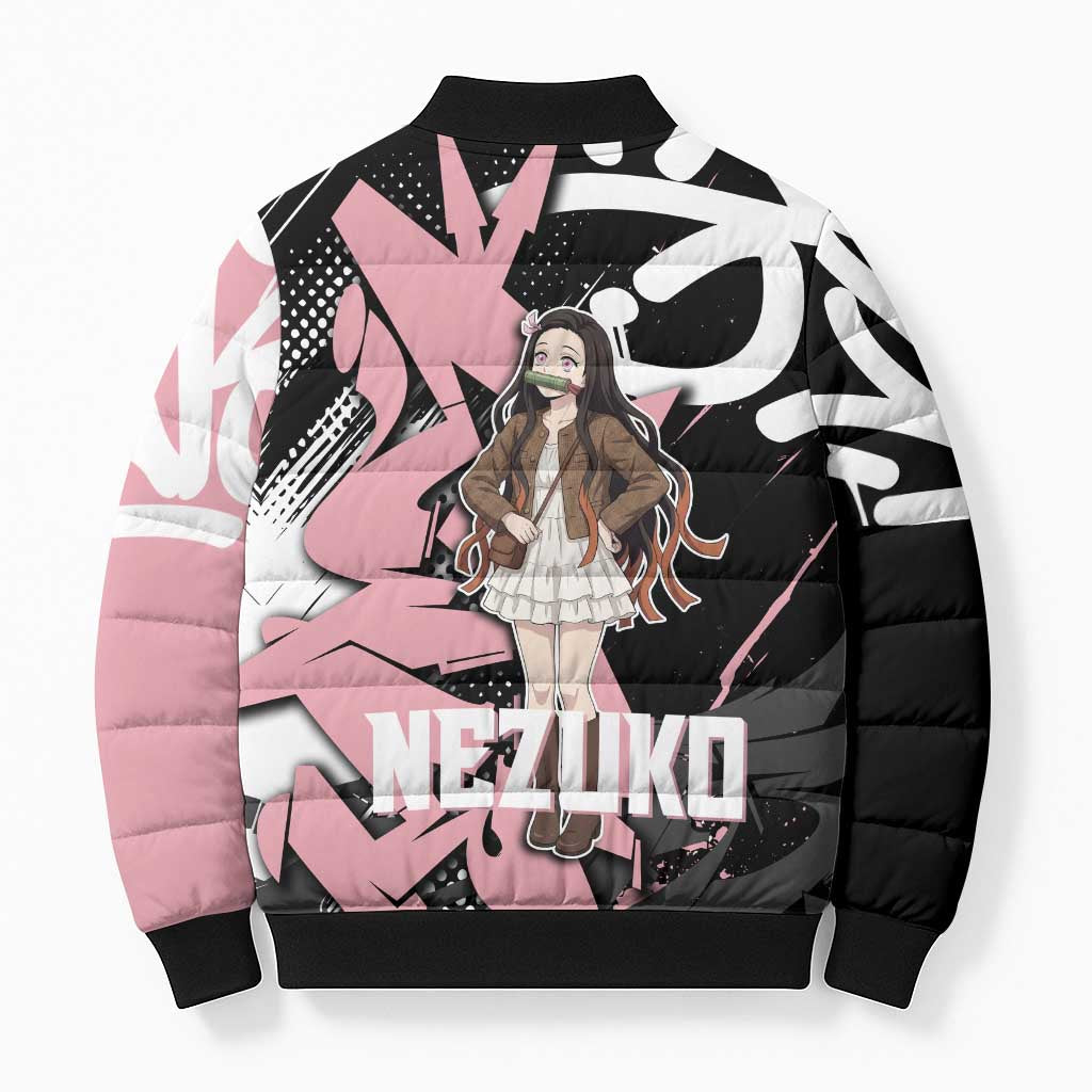 Kamado Nezuko Demon Slayer Bomber Puffer Jacket Pink & Black Graffiti Anime Graphic