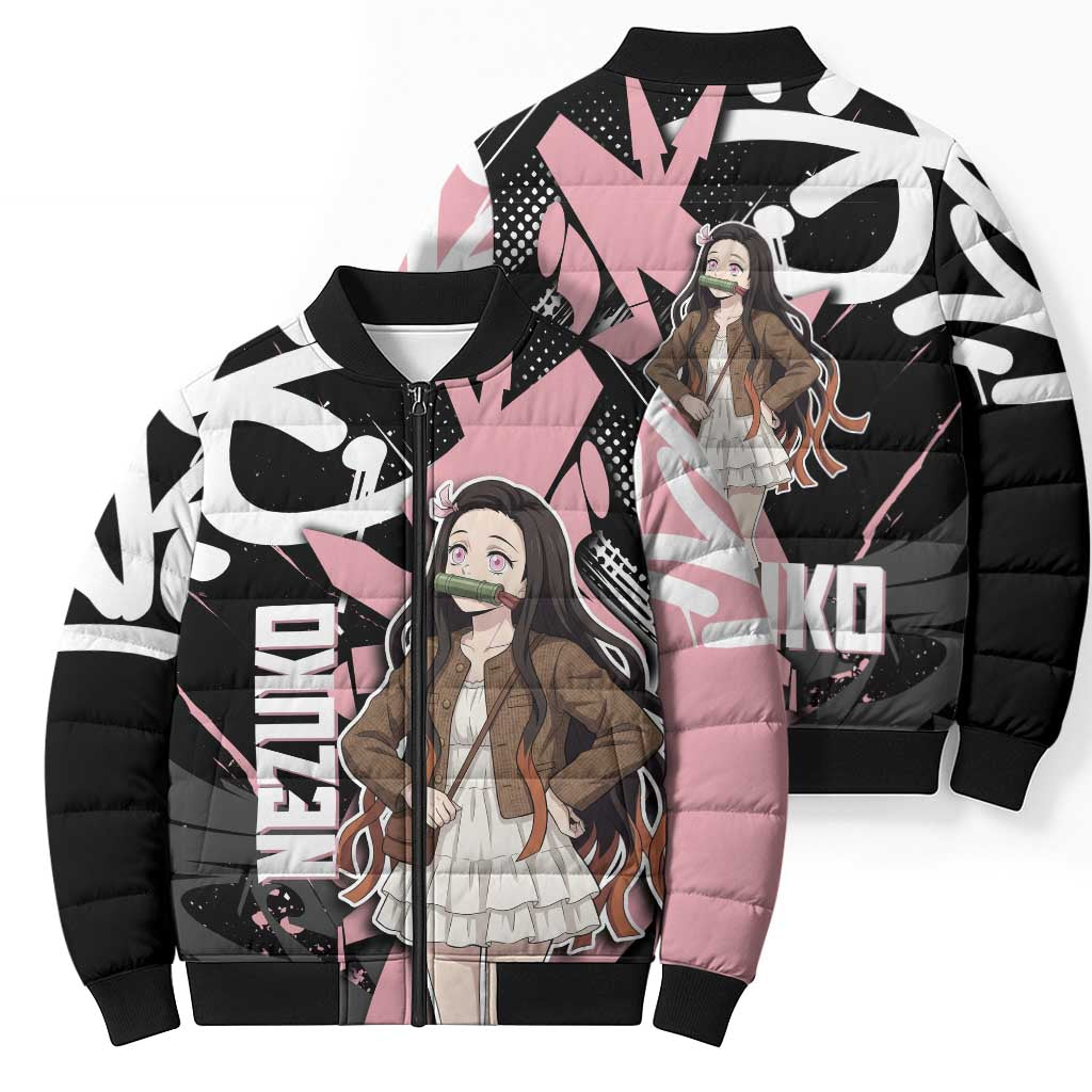 Kamado Nezuko Demon Slayer Bomber Puffer Jacket Pink & Black Graffiti Anime Graphic