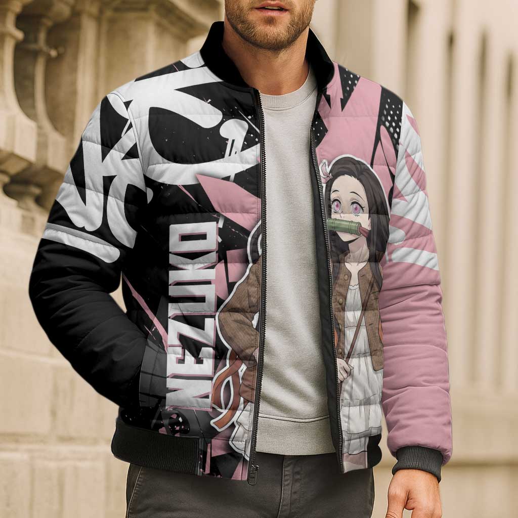 Kamado Nezuko Demon Slayer Bomber Puffer Jacket Pink & Black Graffiti Anime Graphic