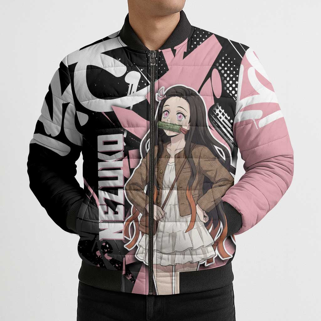 Kamado Nezuko Demon Slayer Bomber Puffer Jacket Pink & Black Graffiti Anime Graphic
