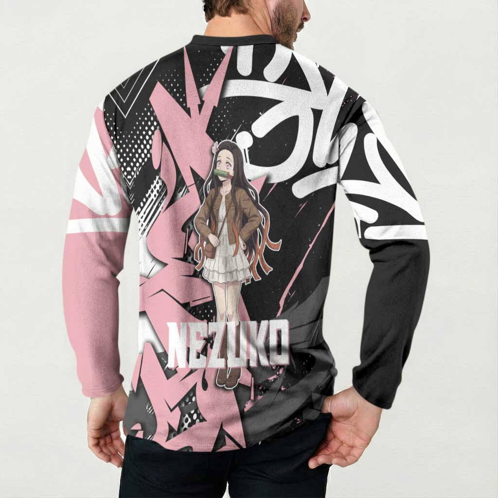 Kamado Nezuko Demon Slayer Button Sweatshirt Pink & Black Graffiti Anime Graphic