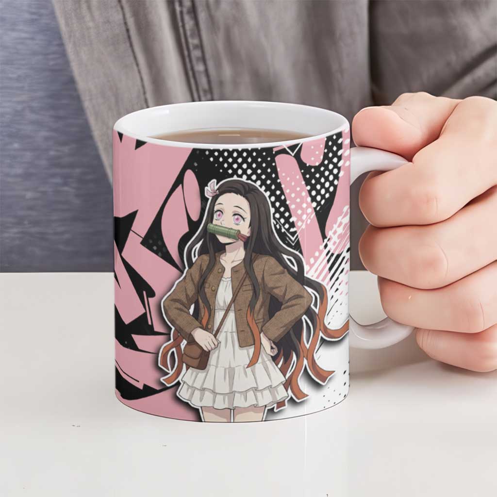 Kamado Nezuko Demon Slayer Ceramic Mug Pink & Black Graffiti Anime Graphic