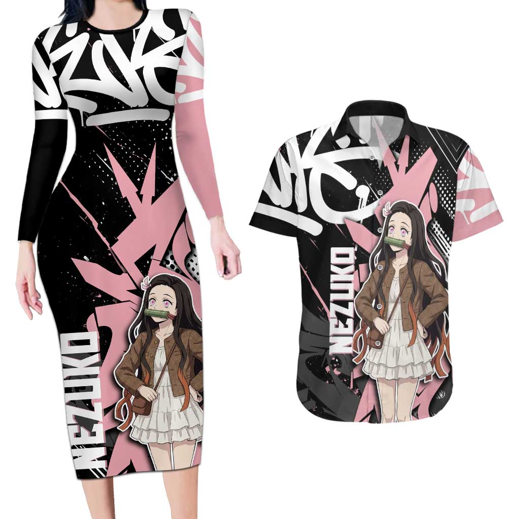 Kamado Nezuko Demon Slayer Couples Matching Long Sleeve Bodycon Dress and Hawaiian Shirt Pink & Black Graffiti Anime Graphic