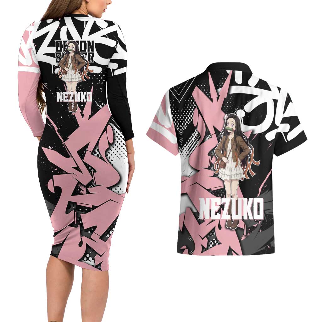 Kamado Nezuko Demon Slayer Couples Matching Long Sleeve Bodycon Dress and Hawaiian Shirt Pink & Black Graffiti Anime Graphic