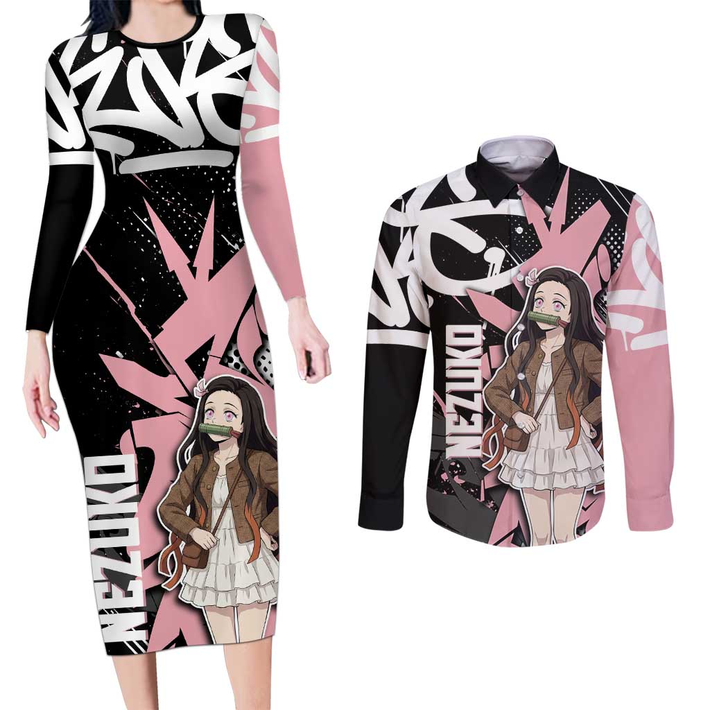 Kamado Nezuko Demon Slayer Couples Matching Long Sleeve Bodycon Dress and Long Sleeve Button Shirt Pink & Black Graffiti Anime Graphic