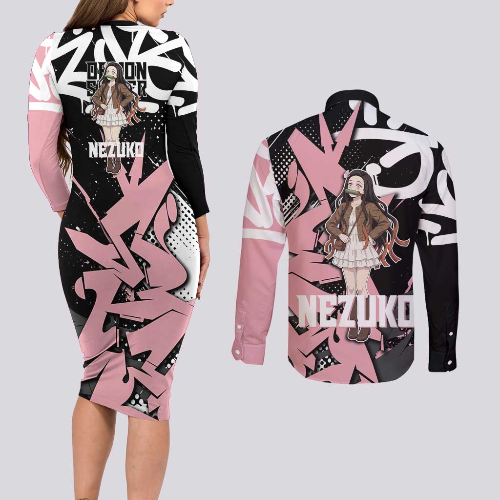 Kamado Nezuko Demon Slayer Couples Matching Long Sleeve Bodycon Dress and Long Sleeve Button Shirt Pink & Black Graffiti Anime Graphic