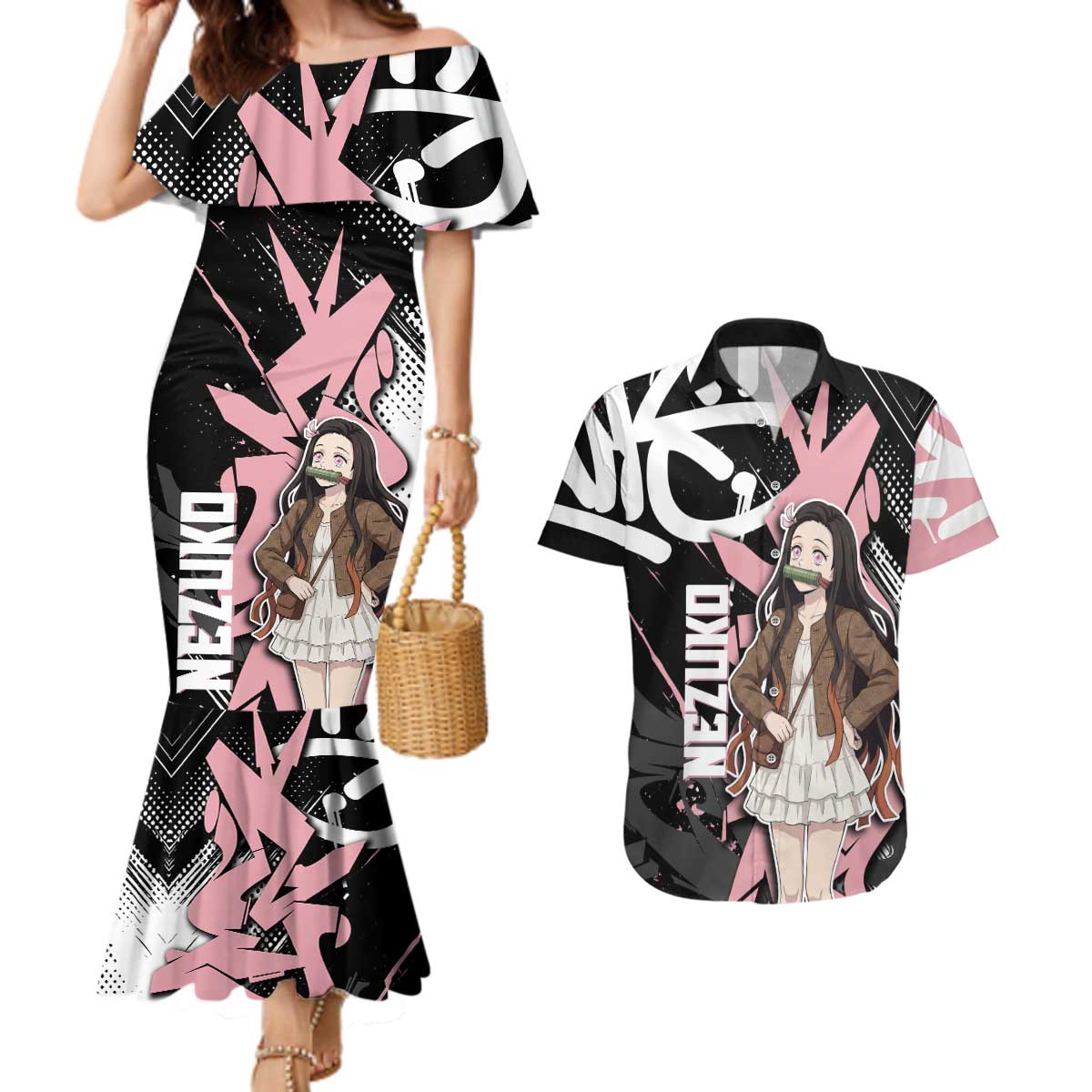 Kamado Nezuko Demon Slayer Couples Matching Mermaid Dress and Hawaiian Shirt Pink & Black Graffiti Anime Graphic
