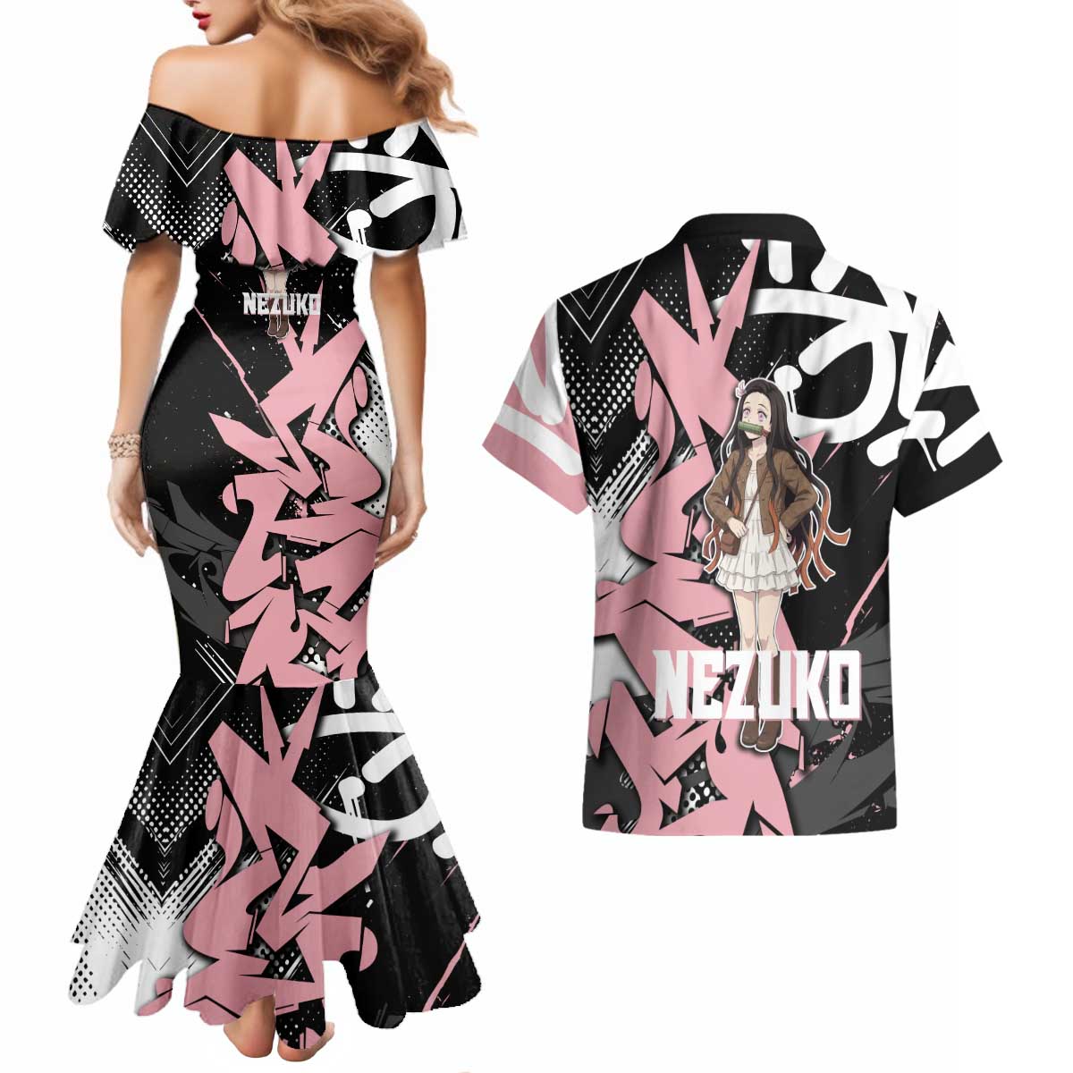 Kamado Nezuko Demon Slayer Couples Matching Mermaid Dress and Hawaiian Shirt Pink & Black Graffiti Anime Graphic