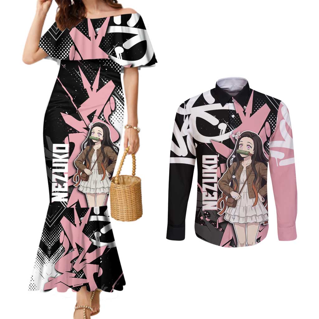 Kamado Nezuko Demon Slayer Couples Matching Mermaid Dress and Long Sleeve Button Shirt Pink & Black Graffiti Anime Graphic