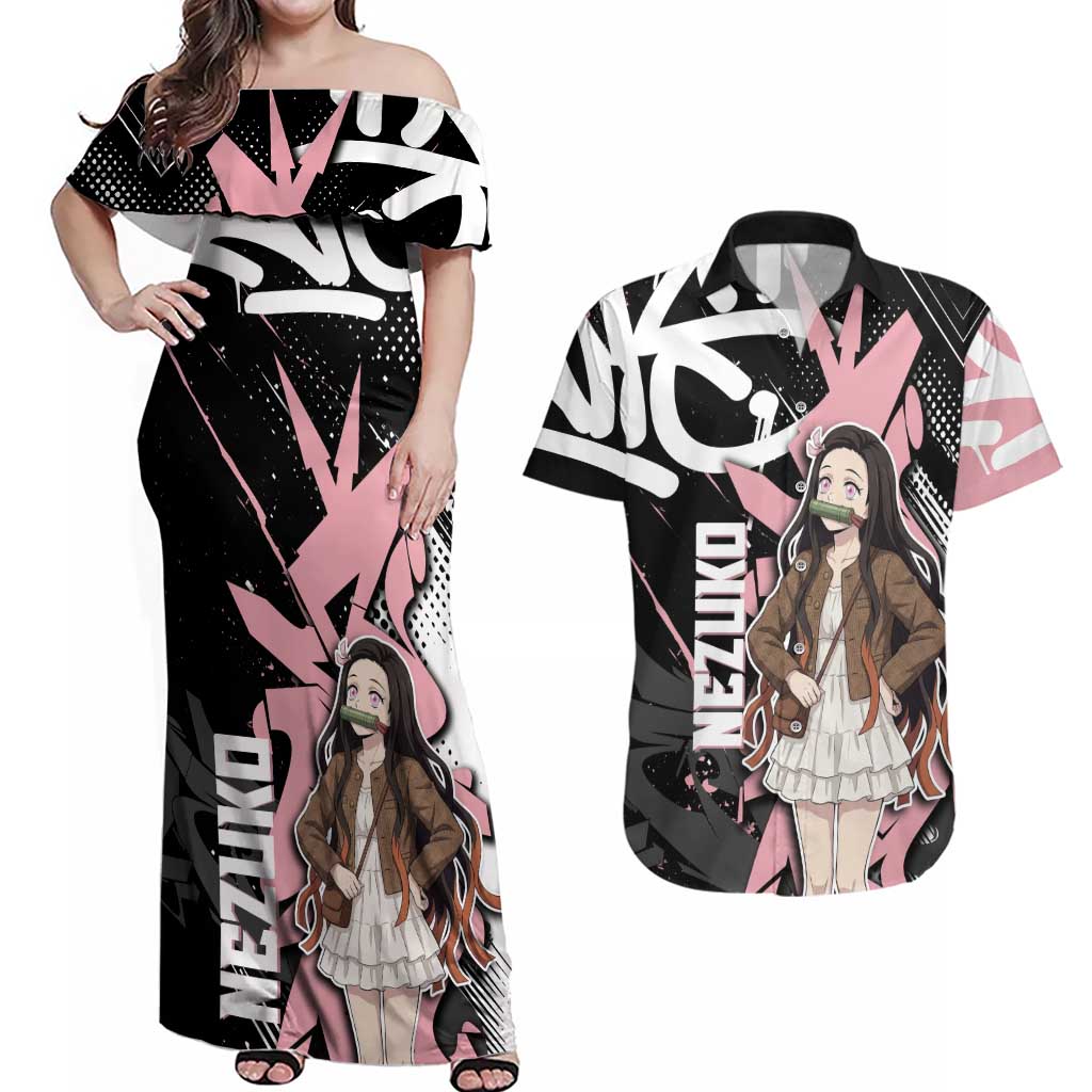Kamado Nezuko Demon Slayer Couples Matching Off Shoulder Maxi Dress and Hawaiian Shirt Pink & Black Graffiti Anime Graphic