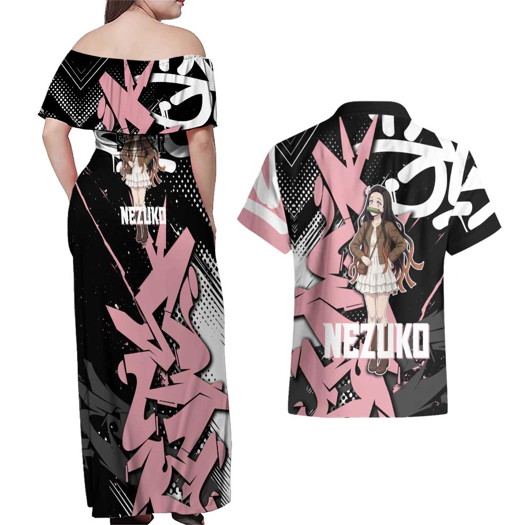 Kamado Nezuko Demon Slayer Couples Matching Off Shoulder Maxi Dress and Hawaiian Shirt Pink & Black Graffiti Anime Graphic