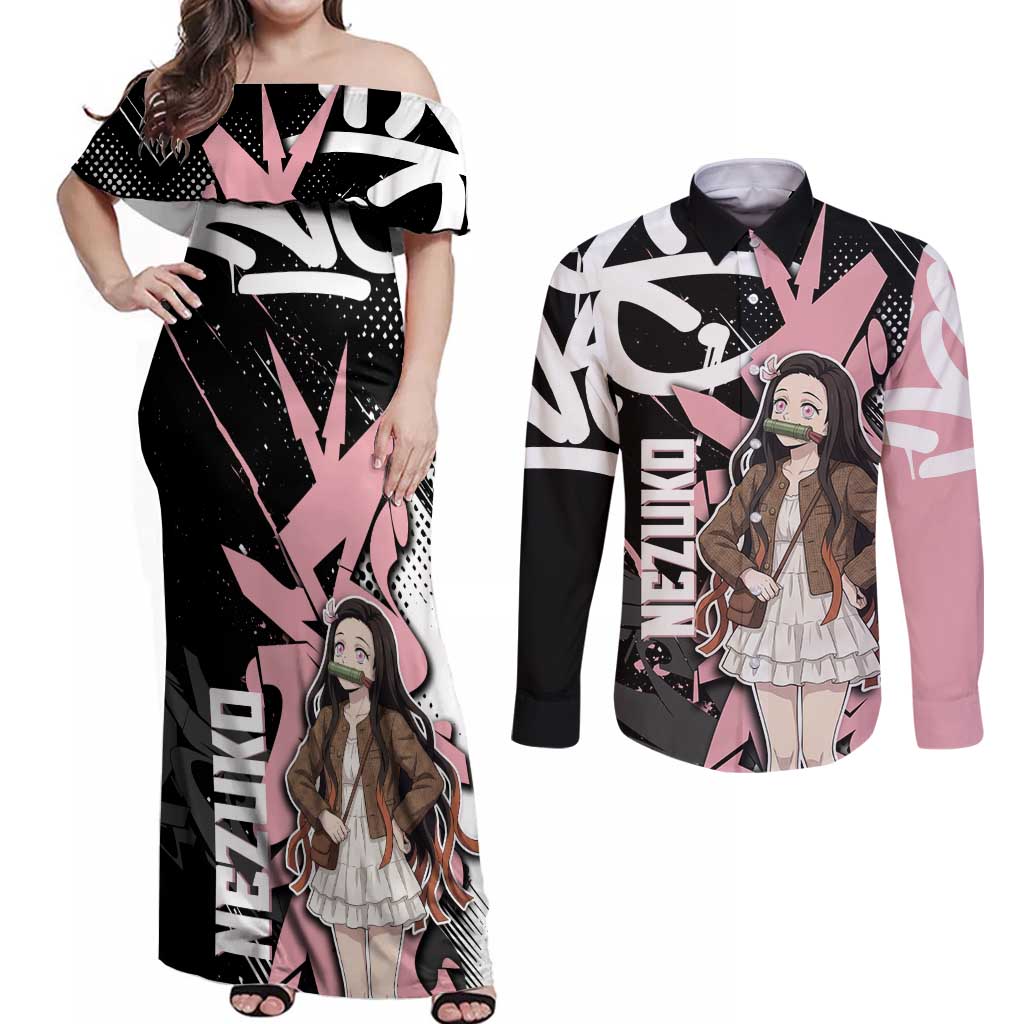 Kamado Nezuko Demon Slayer Couples Matching Off Shoulder Maxi Dress and Long Sleeve Button Shirt Pink & Black Graffiti Anime Graphic