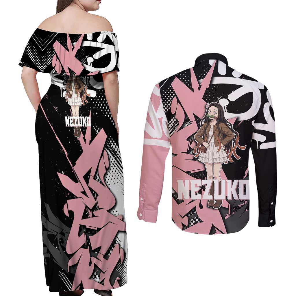 Kamado Nezuko Demon Slayer Couples Matching Off Shoulder Maxi Dress and Long Sleeve Button Shirt Pink & Black Graffiti Anime Graphic