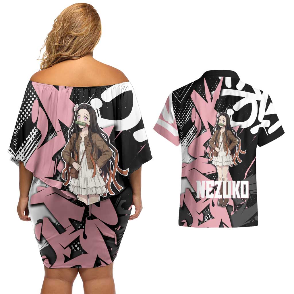 Kamado Nezuko Demon Slayer Couples Matching Off Shoulder Short Dress and Hawaiian Shirt Pink & Black Graffiti Anime Graphic