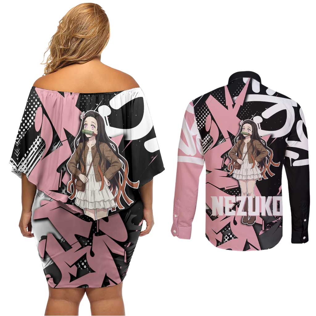 Kamado Nezuko Demon Slayer Couples Matching Off Shoulder Short Dress and Long Sleeve Button Shirt Pink & Black Graffiti Anime Graphic