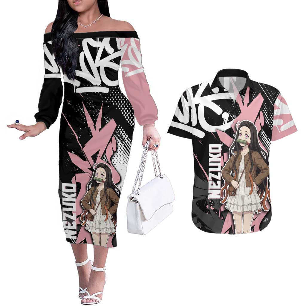 Kamado Nezuko Demon Slayer Couples Matching Off The Shoulder Long Sleeve Dress and Hawaiian Shirt Pink & Black Graffiti Anime Graphic