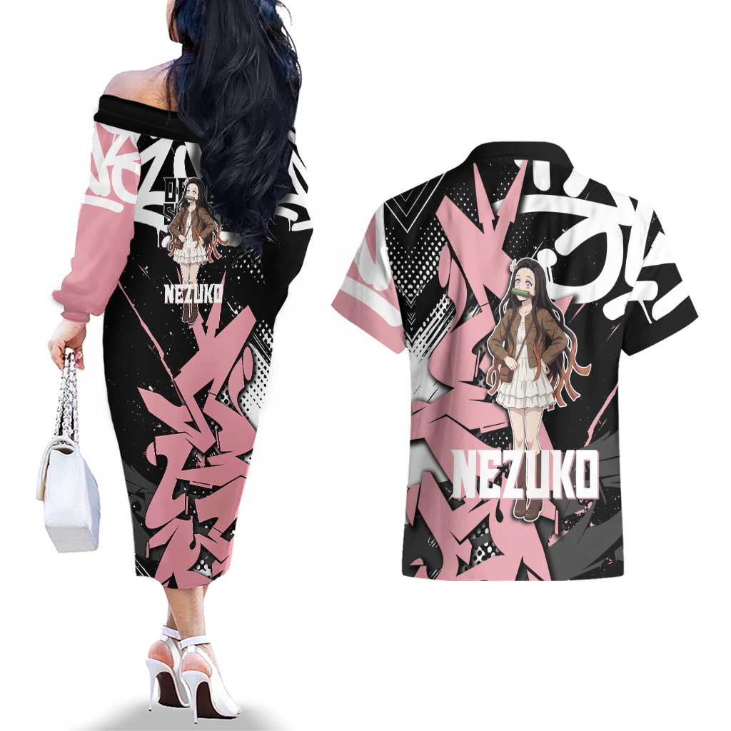 Kamado Nezuko Demon Slayer Couples Matching Off The Shoulder Long Sleeve Dress and Hawaiian Shirt Pink & Black Graffiti Anime Graphic