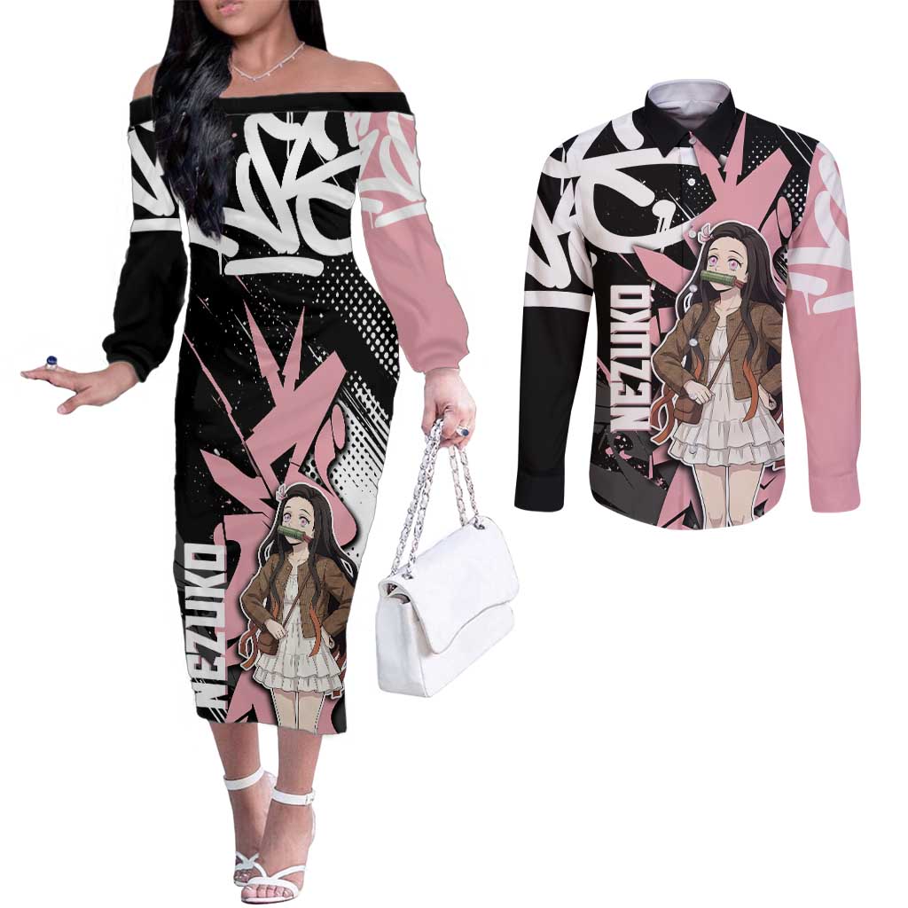 Kamado Nezuko Demon Slayer Couples Matching Off The Shoulder Long Sleeve Dress and Long Sleeve Button Shirt Pink & Black Graffiti Anime Graphic