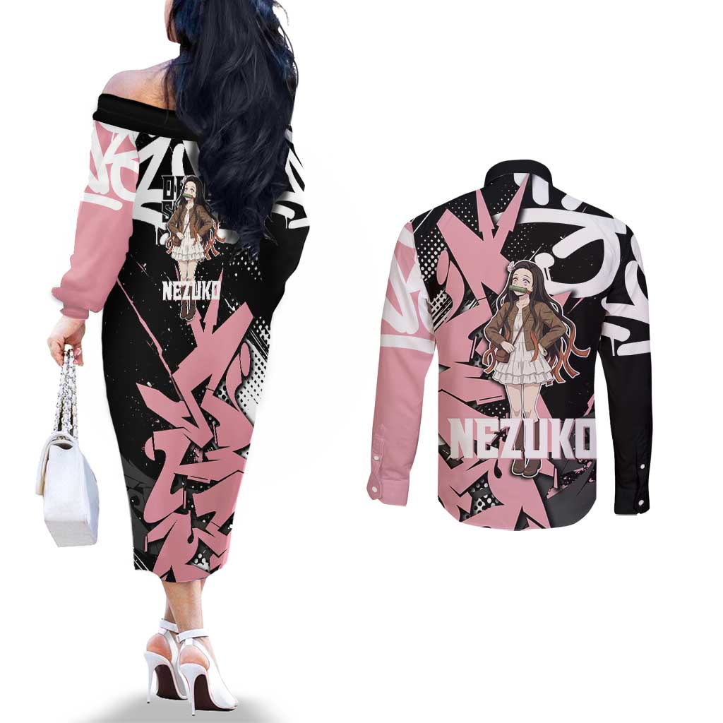 Kamado Nezuko Demon Slayer Couples Matching Off The Shoulder Long Sleeve Dress and Long Sleeve Button Shirt Pink & Black Graffiti Anime Graphic