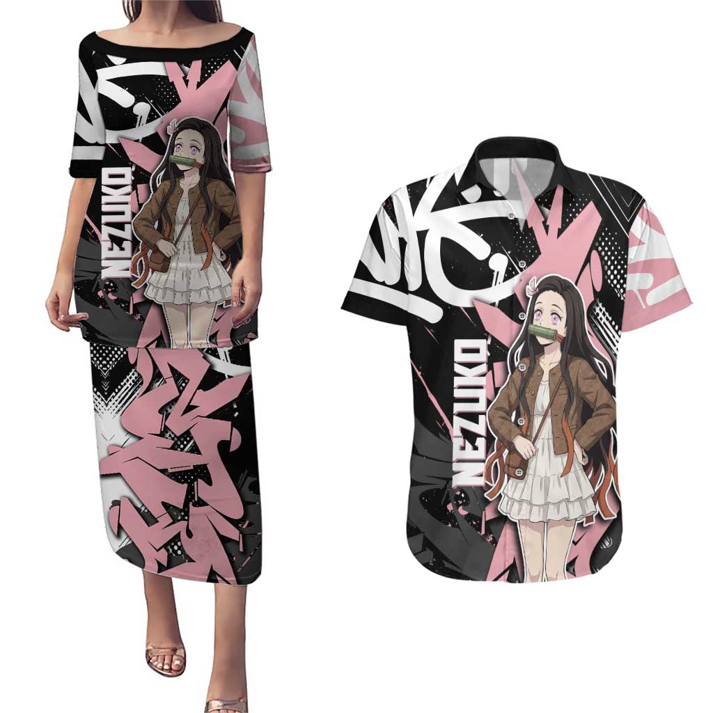 Kamado Nezuko Demon Slayer Couples Matching Puletasi and Hawaiian Shirt Pink & Black Graffiti Anime Graphic