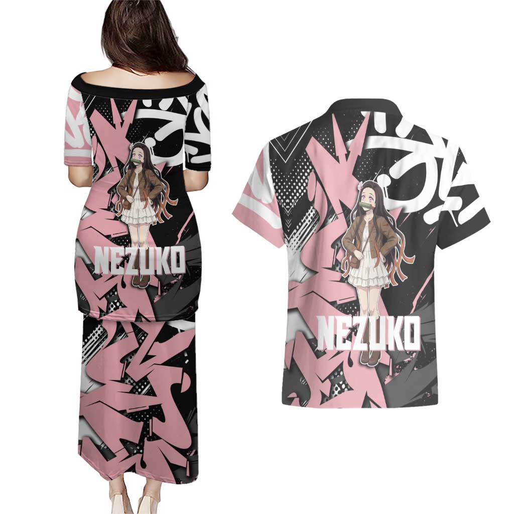 Kamado Nezuko Demon Slayer Couples Matching Puletasi and Hawaiian Shirt Pink & Black Graffiti Anime Graphic