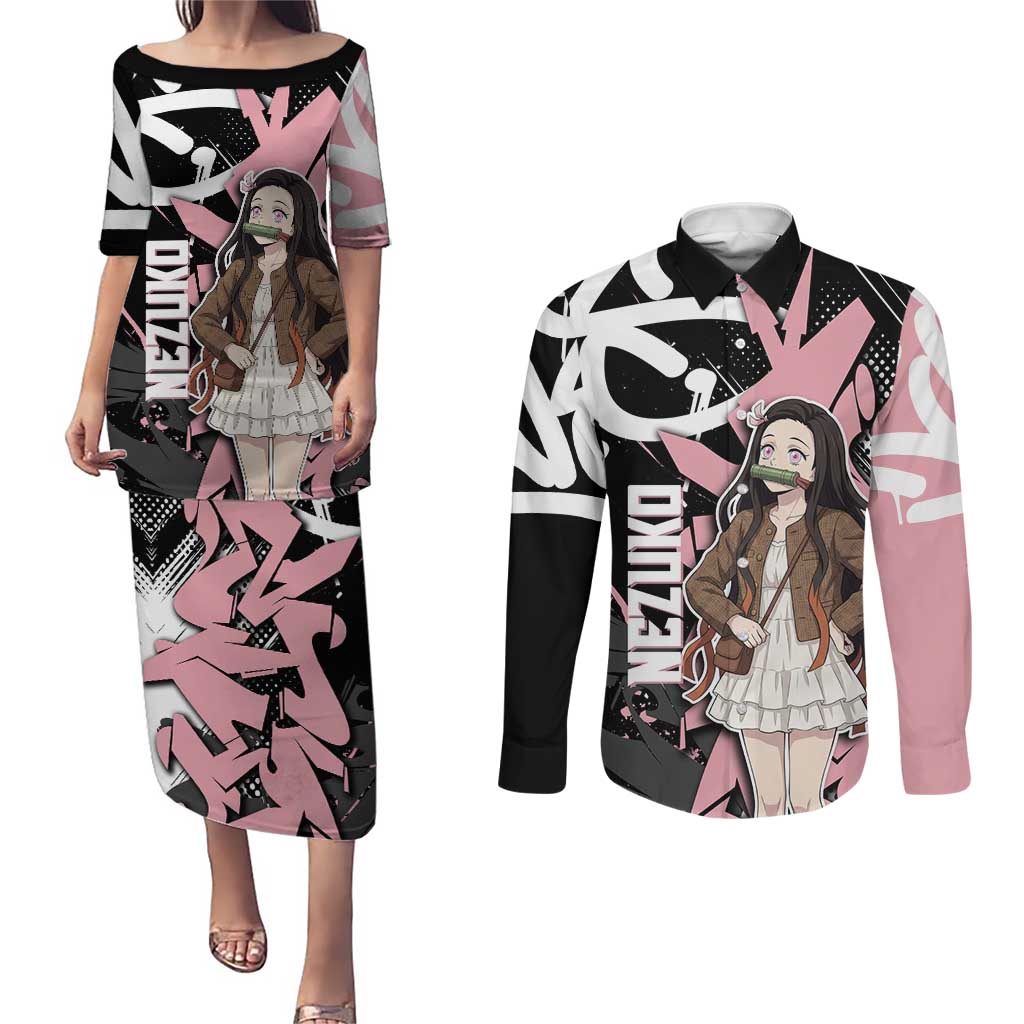 Kamado Nezuko Demon Slayer Couples Matching Puletasi and Long Sleeve Button Shirt Pink & Black Graffiti Anime Graphic